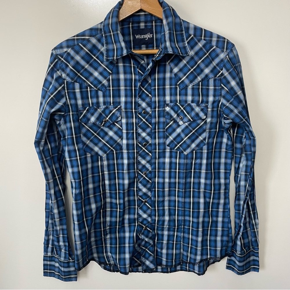 Wrangler Plaid Western Dress Shirt Blue Snap Mens S Cowboy Cabin Gorpcore Indie